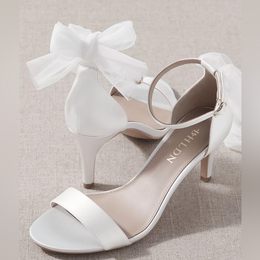 BHLDN White Satin Bow Ankle Strap Heels